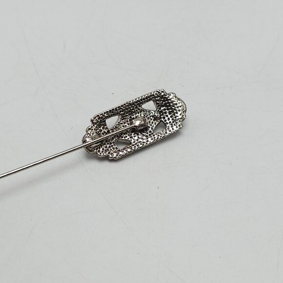 Vintage Silver Tone Clear Rhinestone Stick Pin Brooch With Art Deco Design - Picture 3 of 5